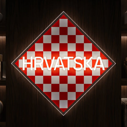 Hrvatska LED neon sign featuring Croatia's red and white checkered diamond design with illuminated lettering