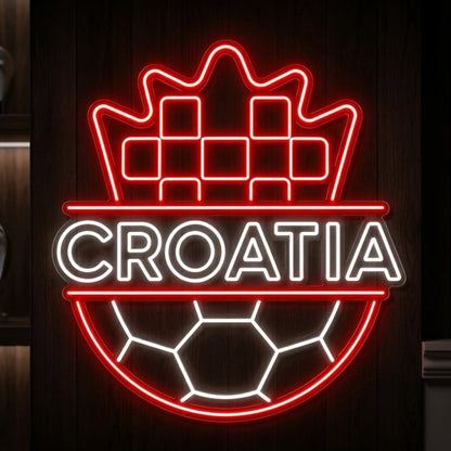 Croatia LED neon sign featuring a checkered crest football shield with illuminated Croatia lettering