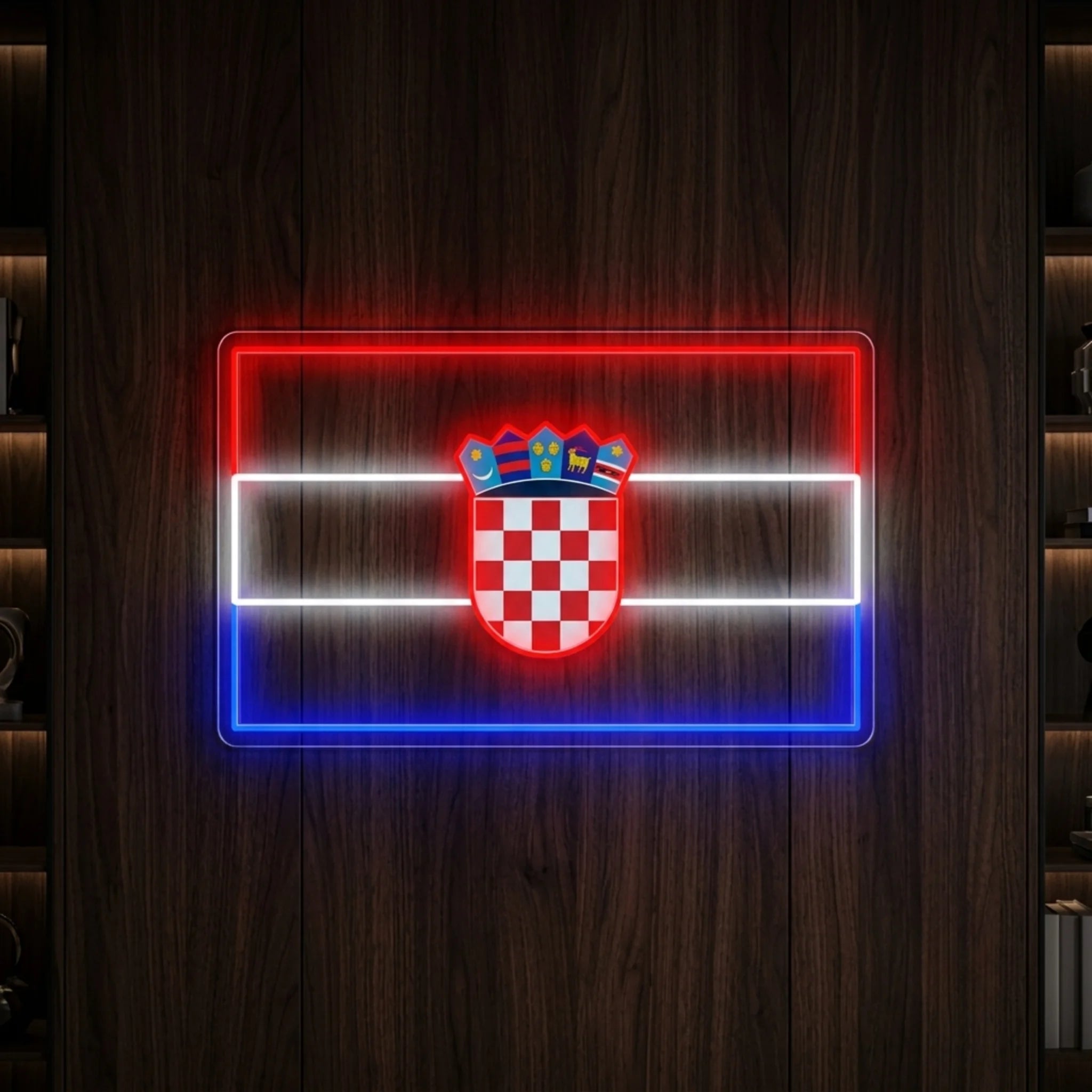 Croatia LED neon sign featuring a Croatian flag outline with illuminated checkerboard crest centerpiece