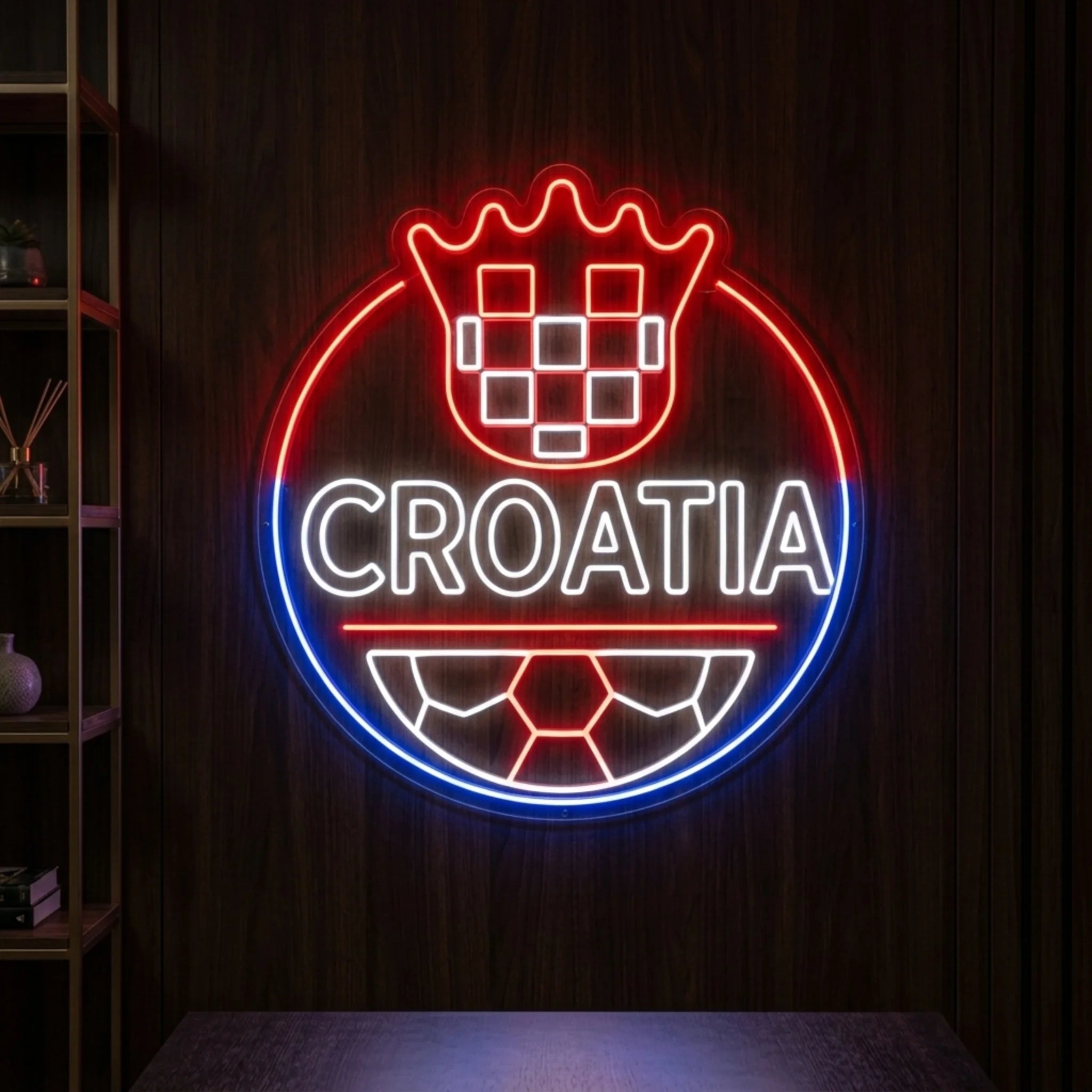 Croatia LED neon sign featuring a checkered crest, football graphic, and illuminated red white and blue national colours