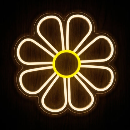Daisy flower LED neon sign with warm white petals and bright yellow center on clear acrylic backing.