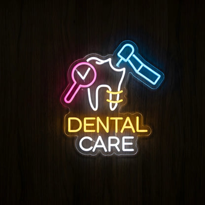 Brighten your dental clinic with the Dental Checkup Tools LED Neon Sign, featuring colorful tooth and dental instrument artwork. Perfect for dental office decor.