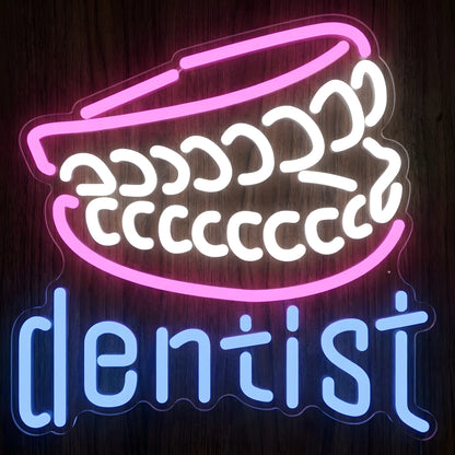 Dental Teeth Model LED neon sign featuring two rows of glowing white teeth inside a pink open dental model with blue dentist lettering on clear acrylic backing for dental clinic wall decor.