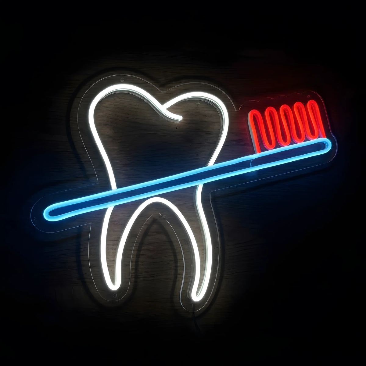 Dental Tooth Inspection LED neon sign featuring a glowing white tooth outline and cyan-blue dental mirror on clear acrylic backing for dentist office and dental clinic wall decor.