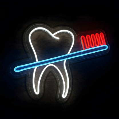 Dental Tooth Inspection LED neon sign featuring a glowing white tooth outline and cyan-blue dental mirror on clear acrylic backing for dentist office and dental clinic wall decor.