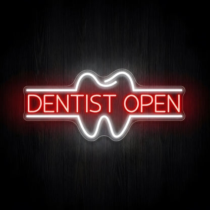 Dentist Open Tooth Outline LED neon sign featuring bright red DENTIST OPEN lettering inside a glowing cool white tooth outline with horizontal white lines on clear acrylic backing for dental clinic decor.