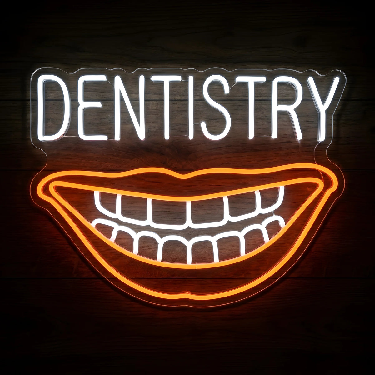 Dentistry Smile LED neon sign featuring cool white DENTISTRY lettering above a large orange smiling mouth with illuminated white teeth on clear acrylic backing for dental clinic wall decor.