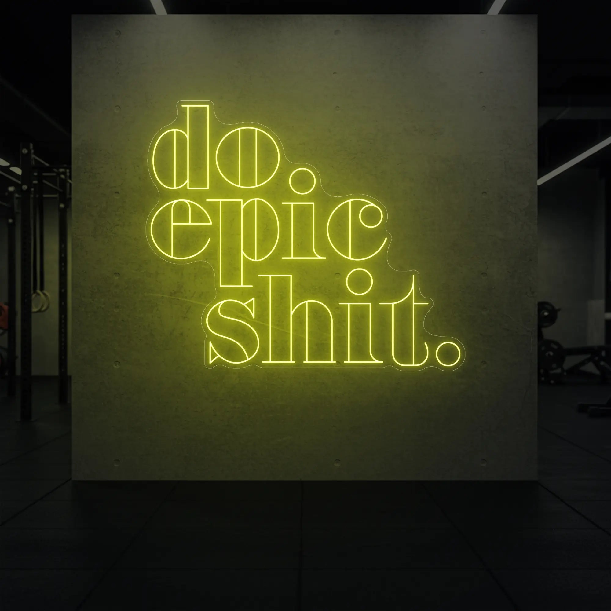 'Do Epic Shit.' neon sign glowing in lemon yellow against a styled interior wall.