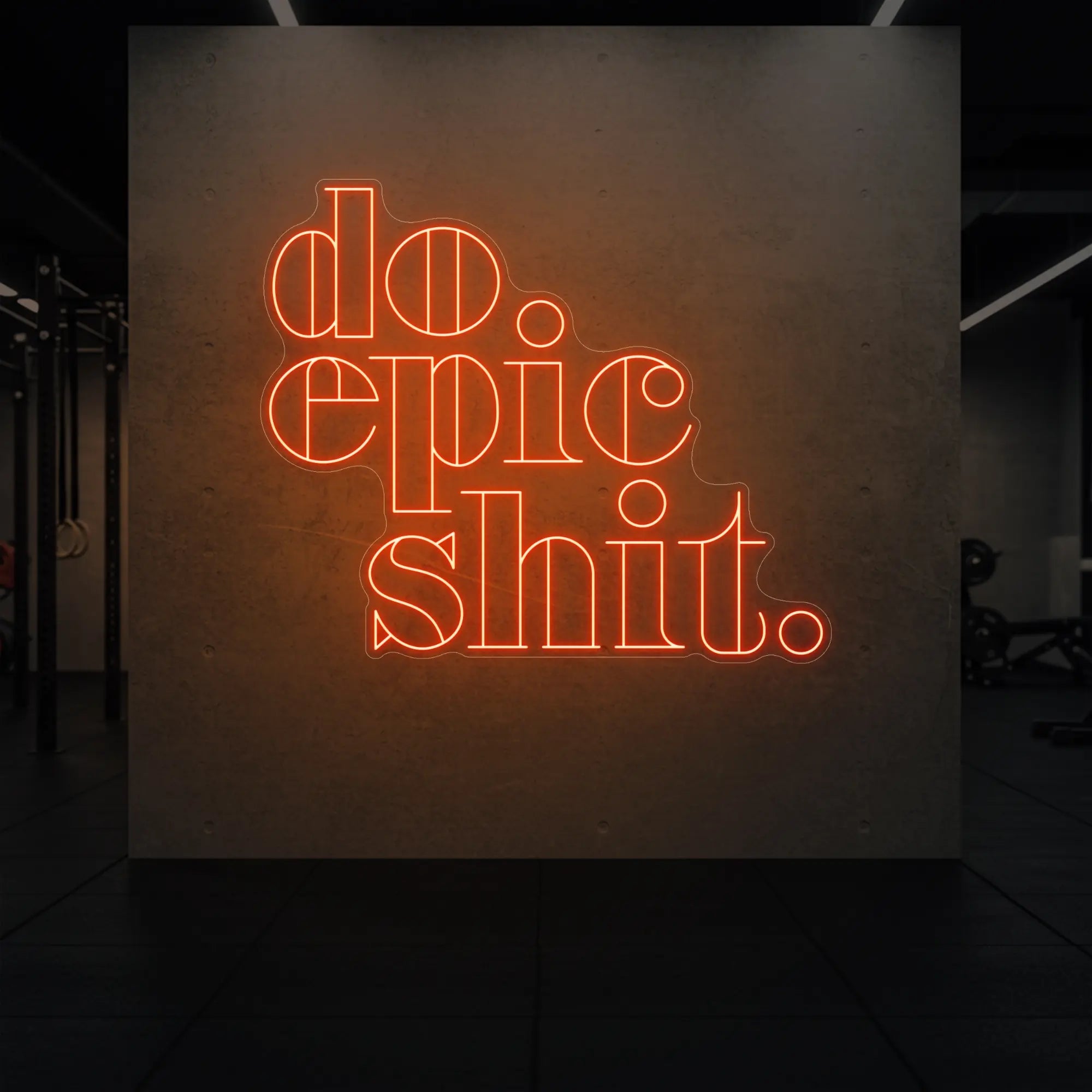 'Do Epic Shit.' neon sign glowing in golden yellow against a styled interior wall.