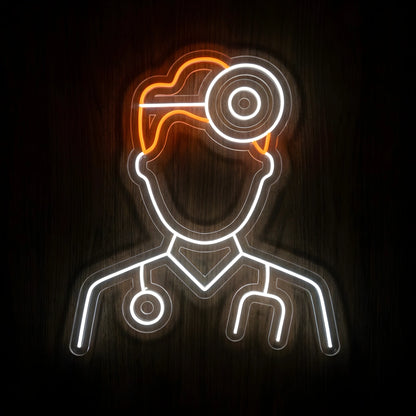 Doctor Head Mirror LED Neon Sign featuring a white neon physician outline with orange hair, a circular head mirror, and a stethoscope on clear acrylic backing against a dark wooden wall.