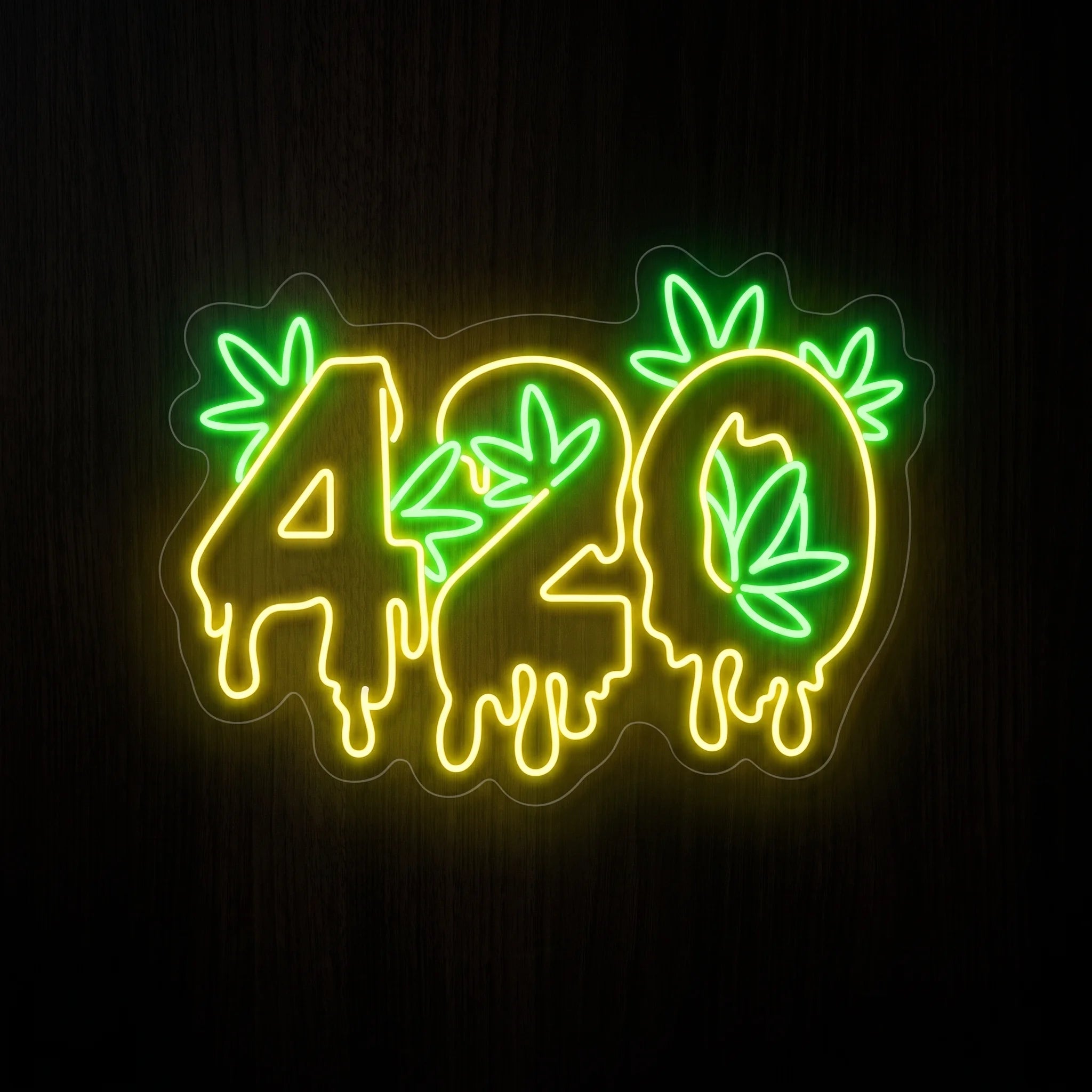 420 Drip LED neon sign on clear acrylic backing featuring dripping numbers with green cannabis leaves in warm yellow and green illumination for cannabis wall décor.