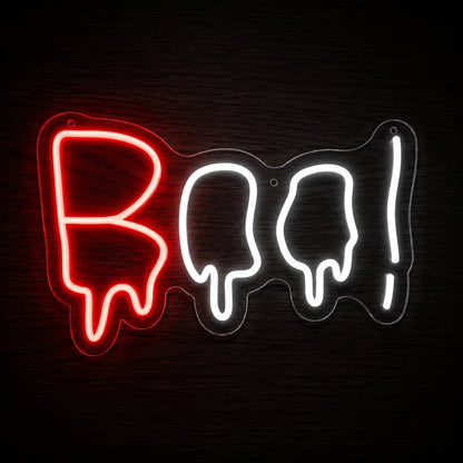 Dripping BOO Halloween LED neon sign with red B and bright white OO exclamation lettering on clear acrylic backing.