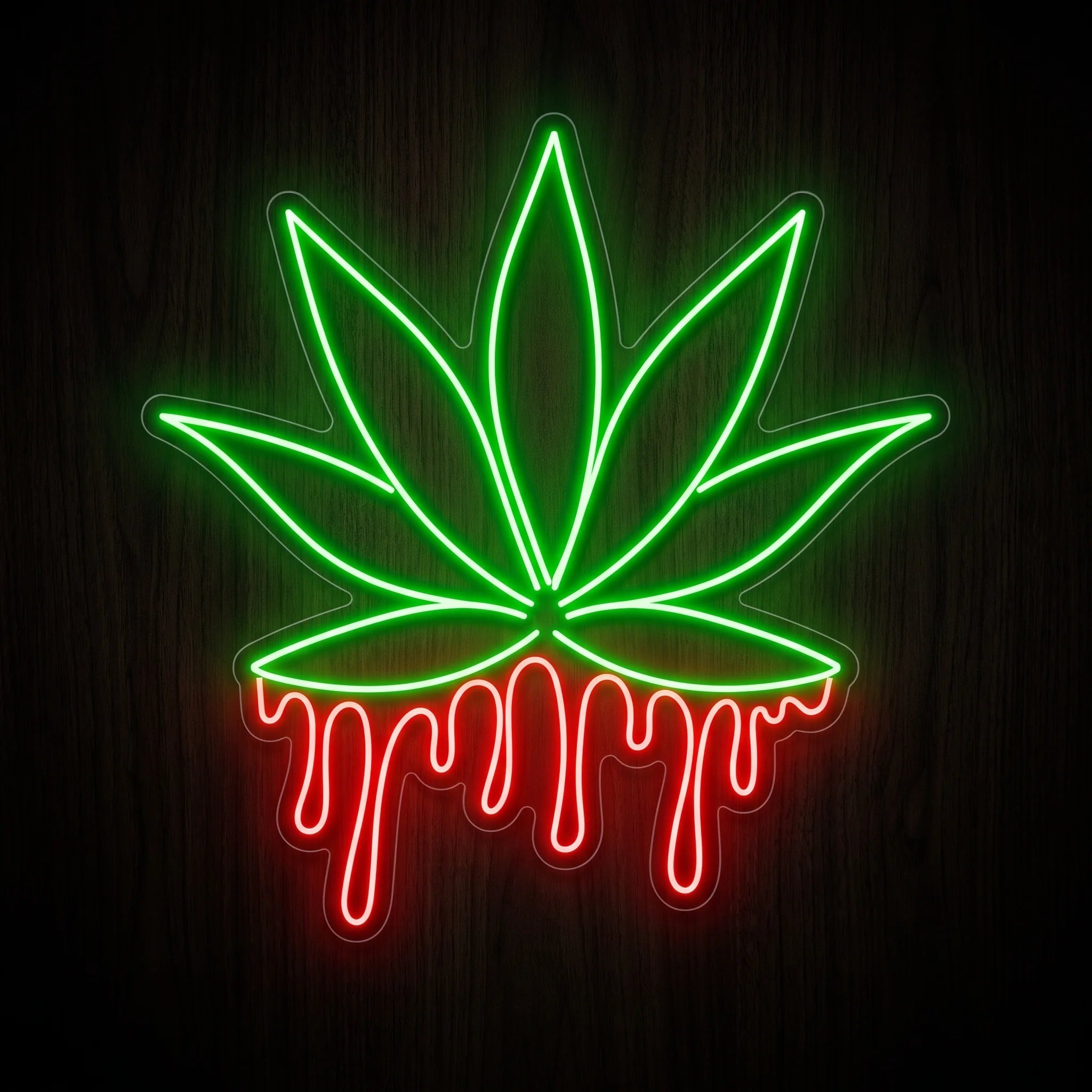 Dripping cannabis leaf LED neon sign with a green leaf, red dripping detail, and clear acrylic backing for cannabis wall décor.