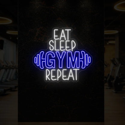 'Eat Sleep Gym Repeat (with Dumbbell)' neon sign glowing in deep blue against a styled interior wall.