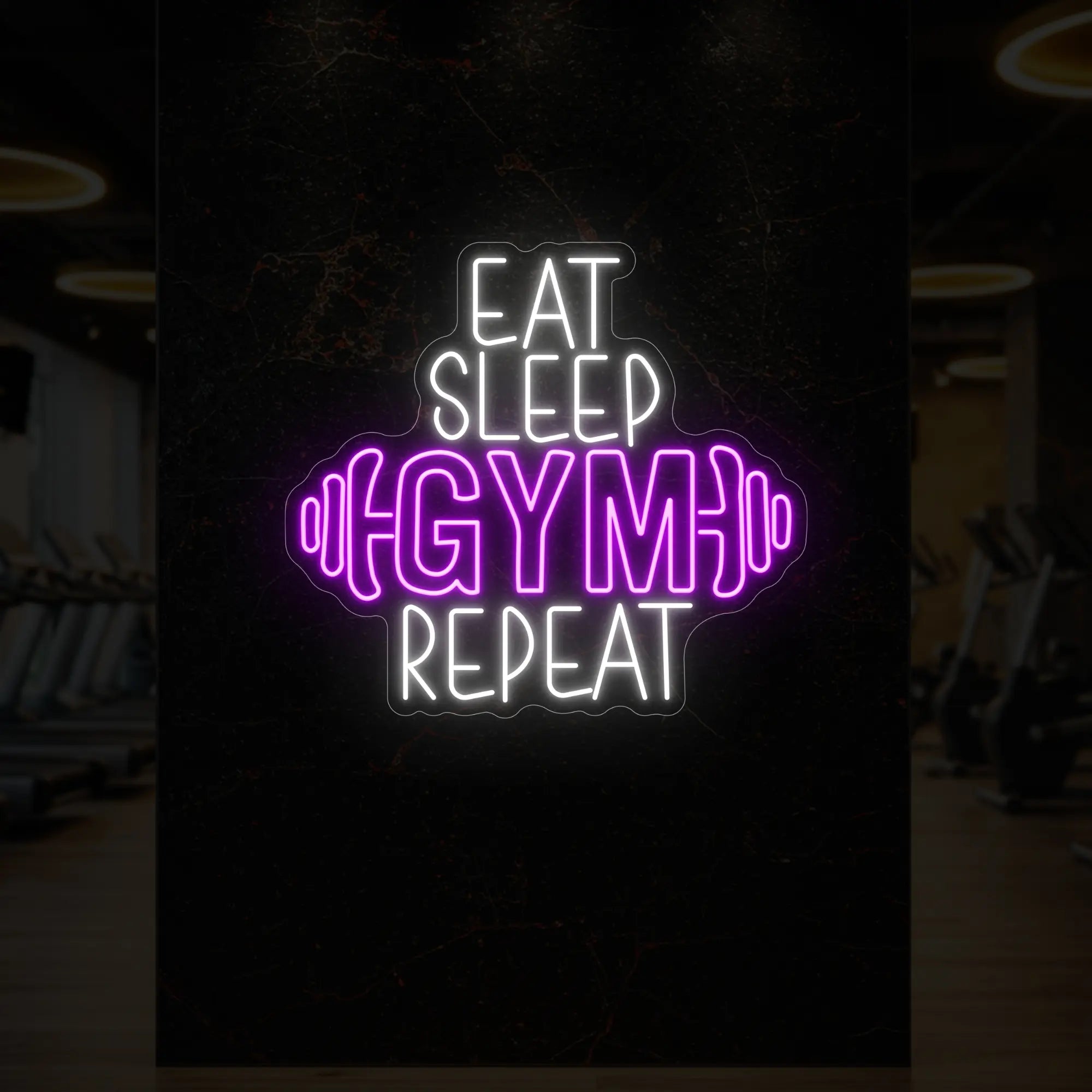 'Eat Sleep Gym Repeat (with Dumbbell)' neon sign glowing in deep pink against a styled interior wall.