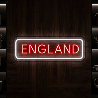 England LED neon sign with red illuminated lettering and cool white border on clear acrylic backing