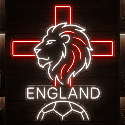 England LED neon sign with football stripe accents and football graphic illuminated in red and cool white LED neon