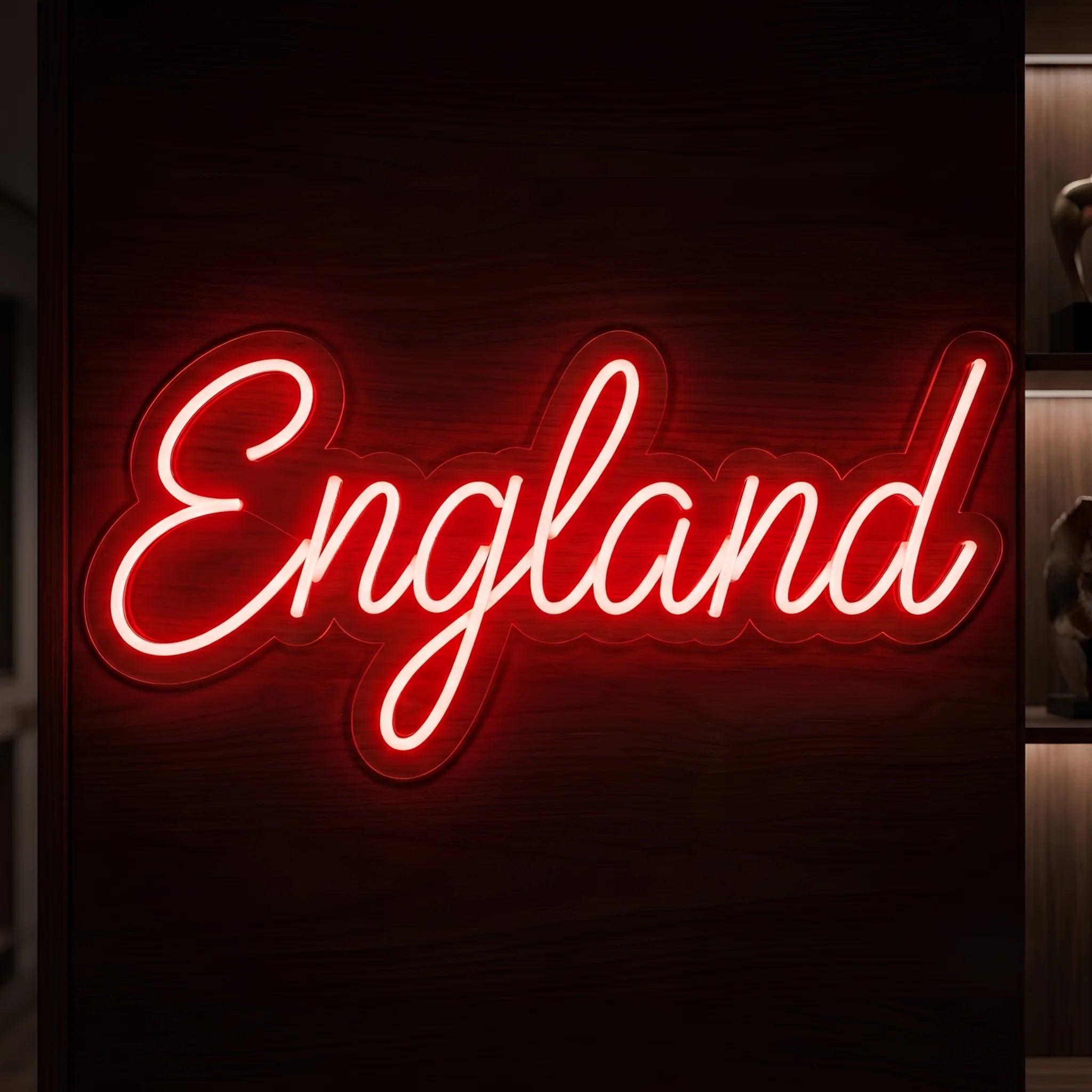 England Script LED neon sign featuring cursive England lettering illuminated in red neon