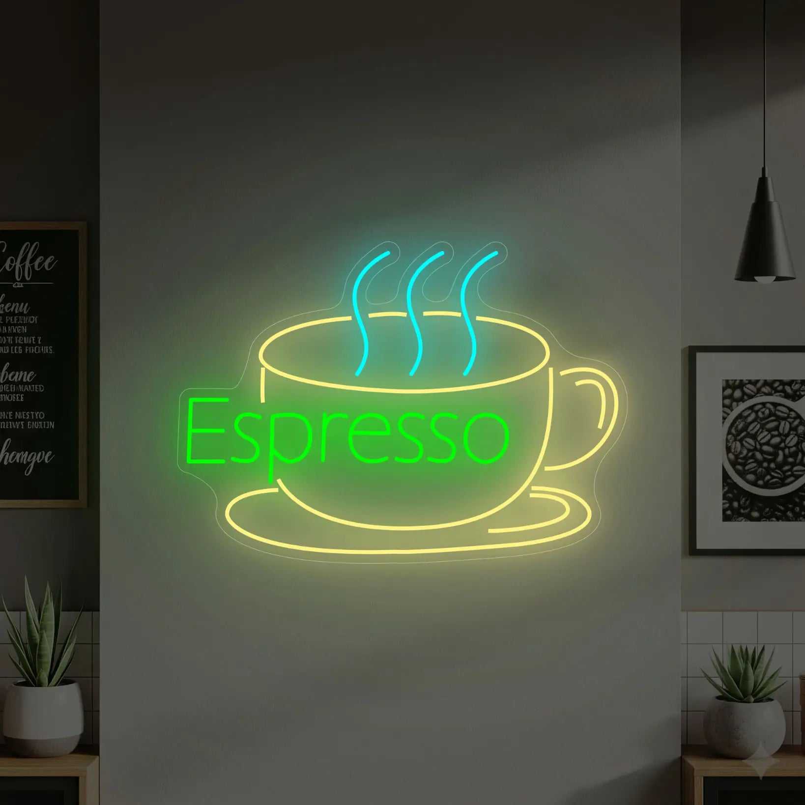 Photo of the 'ESPRESSO' neon sign glowing in multi-color against a styled interior wall.