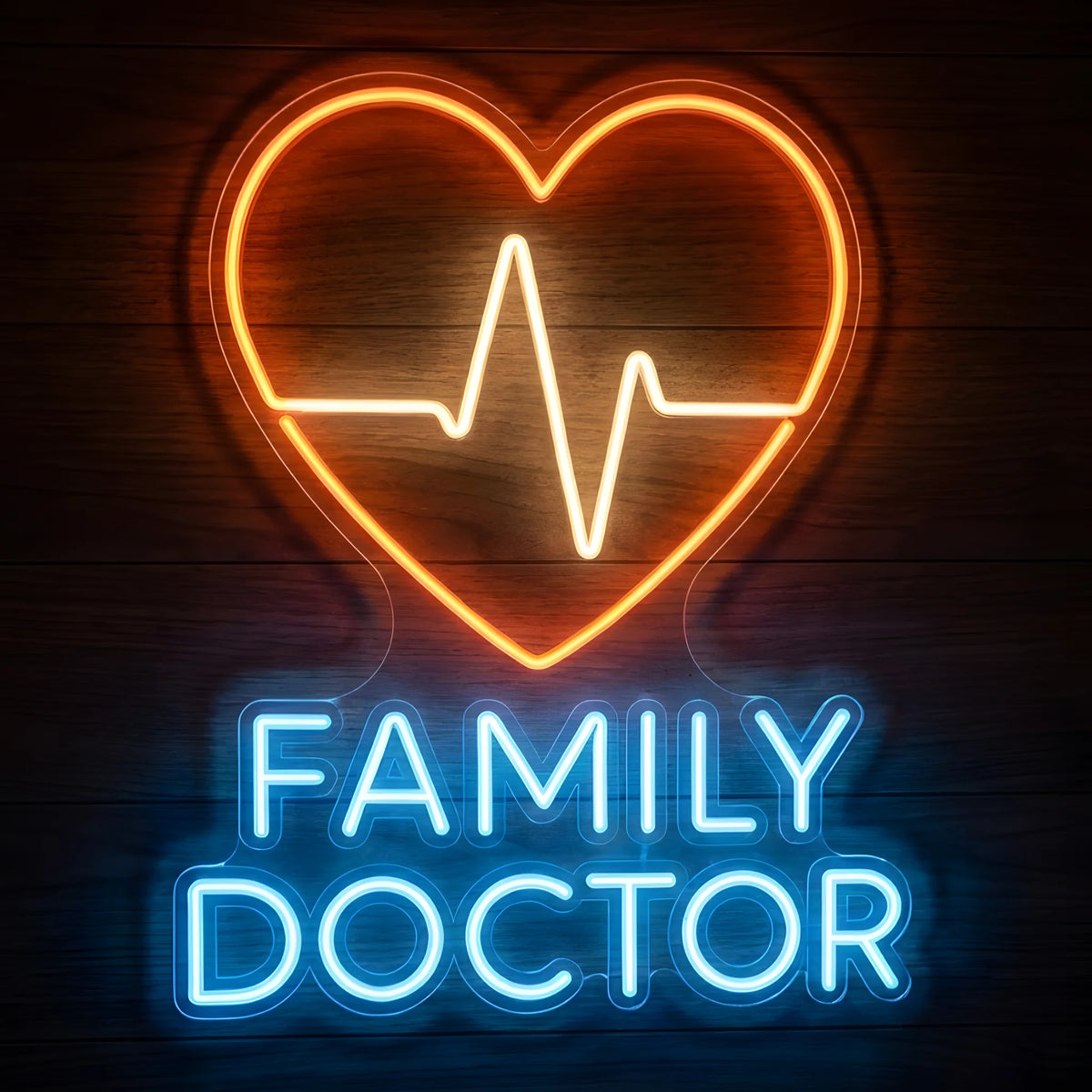 Family Doctor Heartbeat LED Neon Sign featuring a glowing orange heart with a warm white ECG heartbeat line above bright blue FAMILY DOCTOR lettering on clear cut-to-shape acrylic against a dark wooden wall.