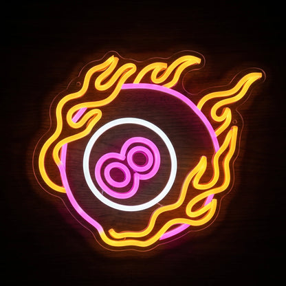 Flaming 8 Ball LED neon sign with orange-yellow, pink and cool white illumination on clear acrylic backing.