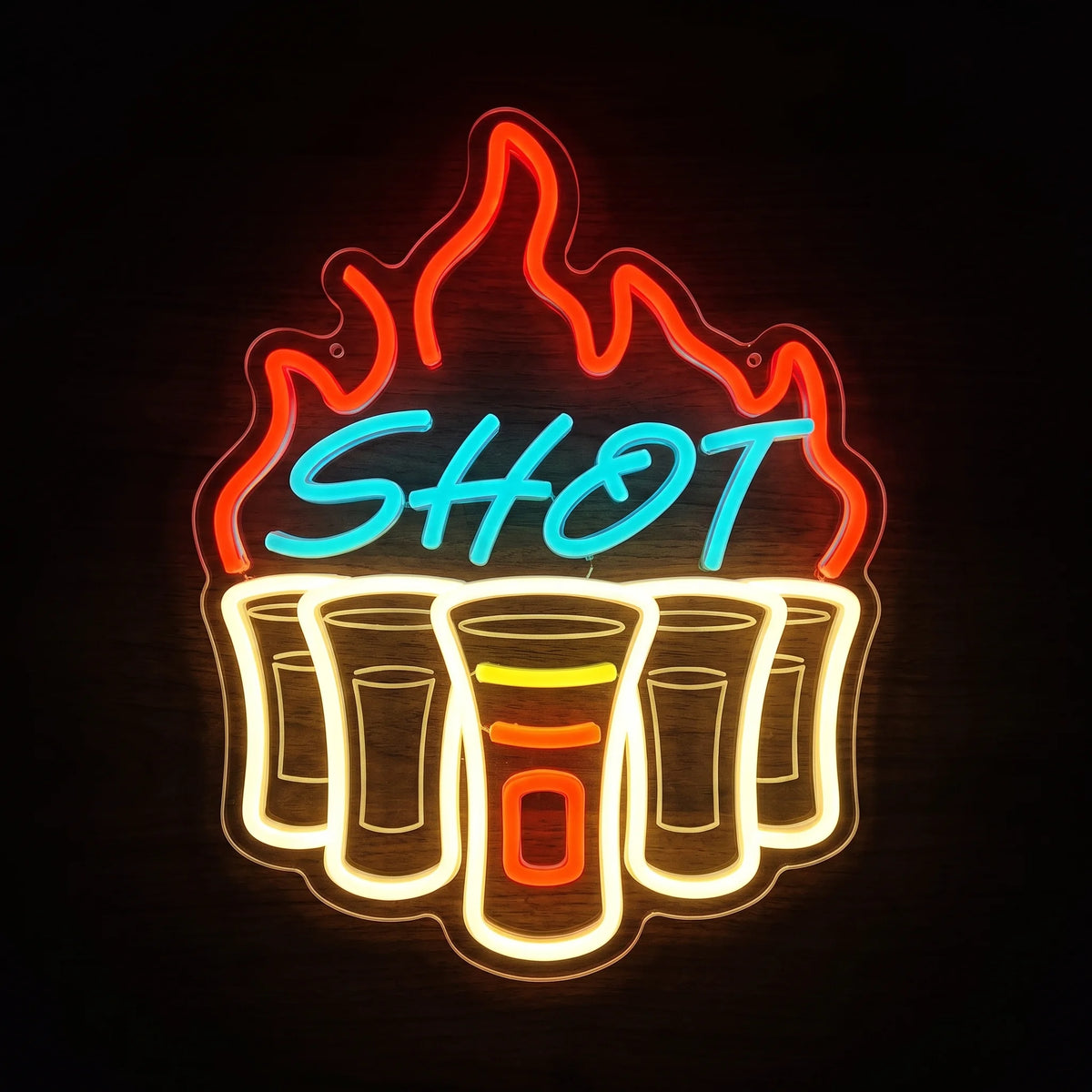 Flaming Shot Glass LED neon sign with blue SHOT lettering, red-orange flames, five illuminated shot glasses, and clear acrylic backing.