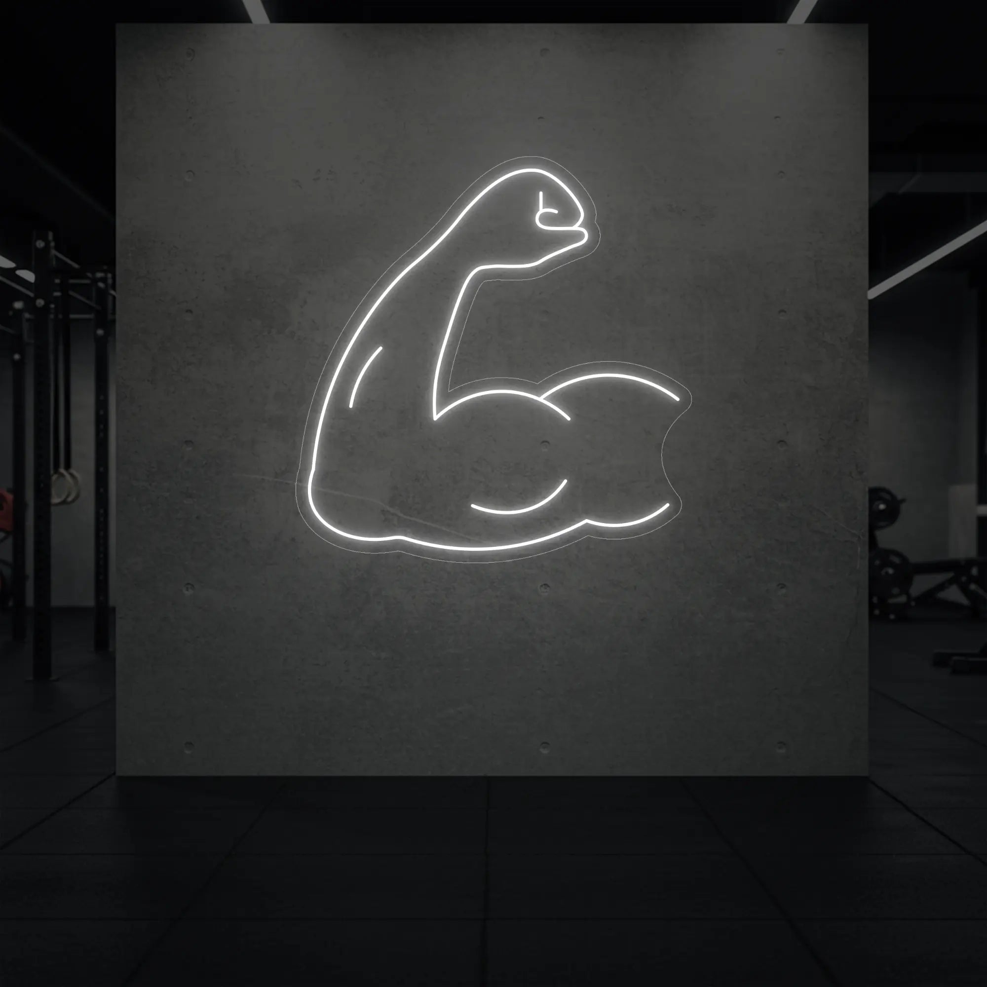  'Flexing Bicep Arm' neon sign glowing in cool white against a styled interior wall.