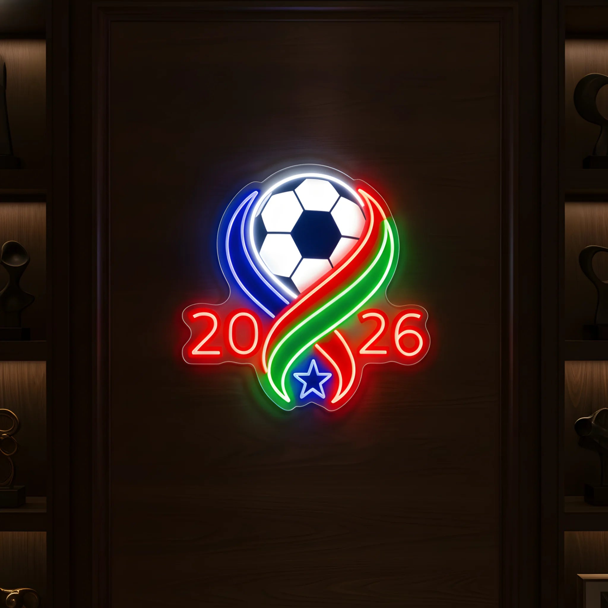 Football 2026 LED neon sign featuring football artwork with colorful illuminated ribbon accents