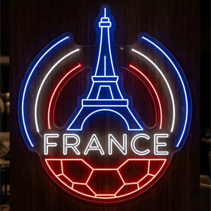 France Eiffel Tower football LED neon sign featuring blue white and red illuminated design