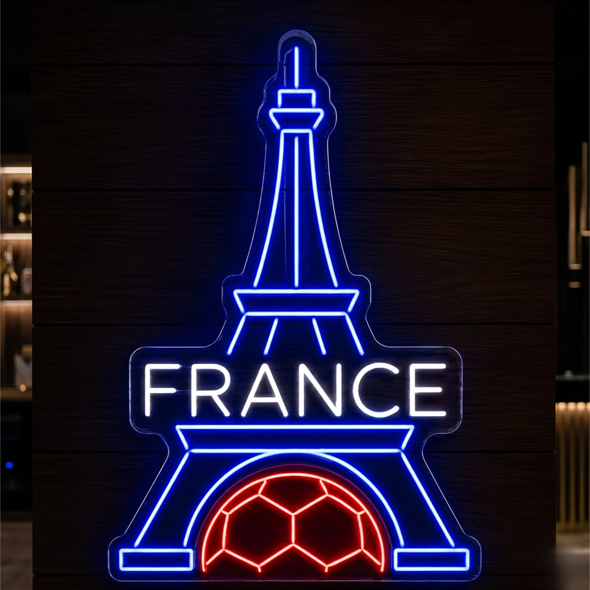 France Eiffel Tower football LED neon sign featuring illuminated France lettering and football graphic