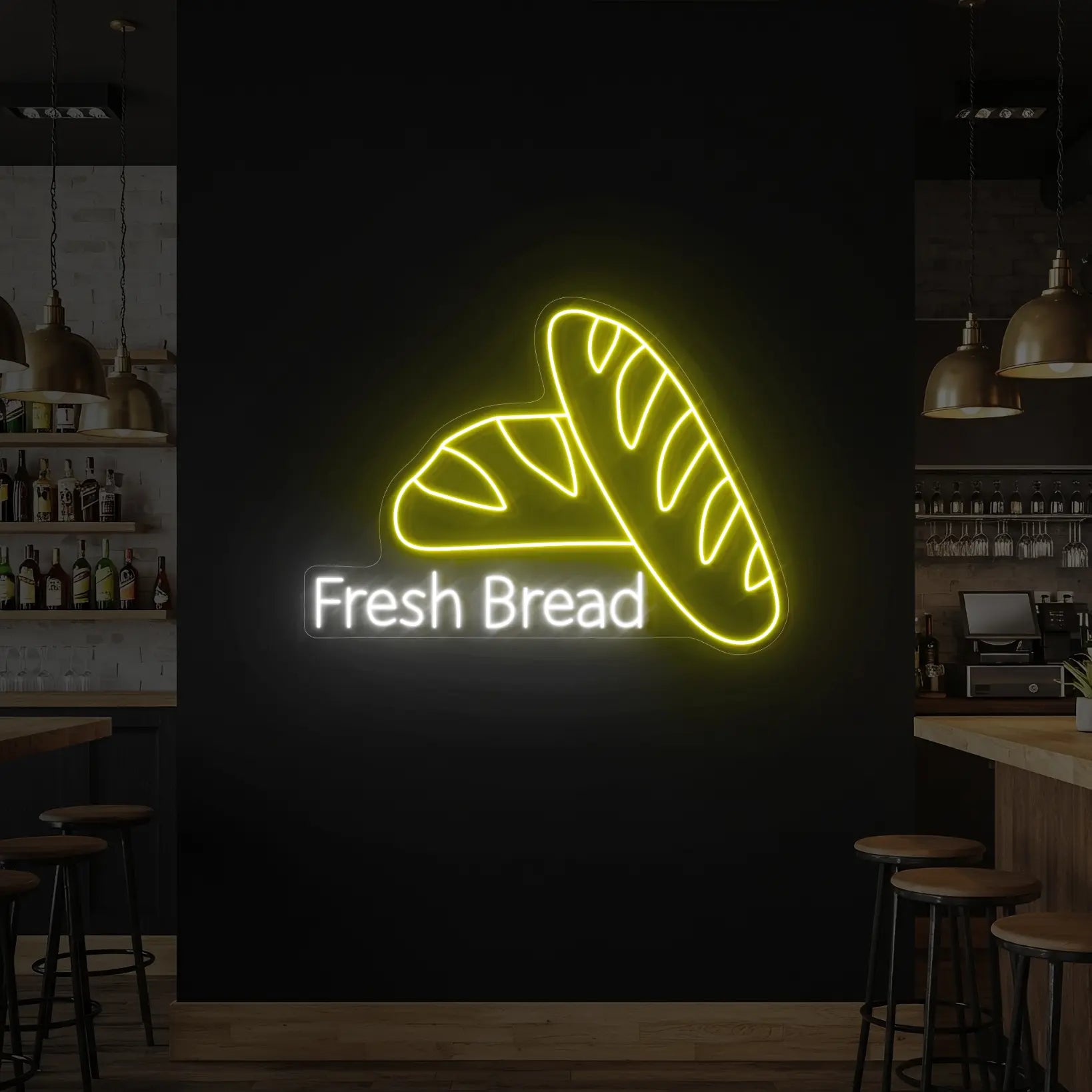 Photo of the 'Fresh Bread' neon sign glowing in yellow and cool white against a styled interior wall.