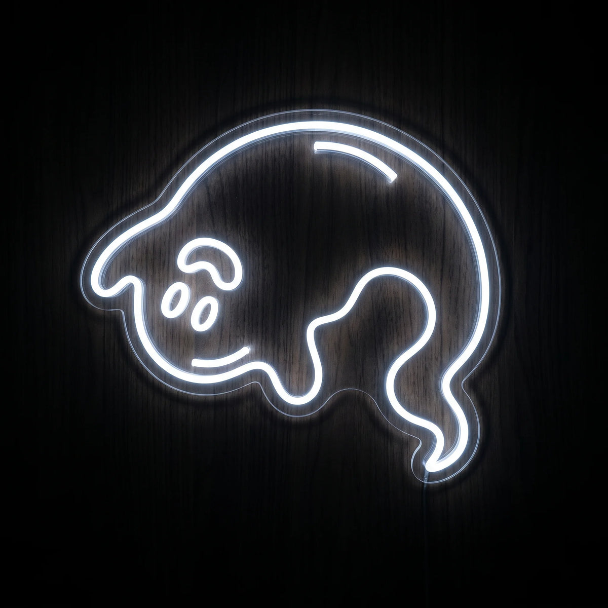 Friendly spirit LED neon sign with playful ghost-like character in cool white illumination on clear acrylic backing.