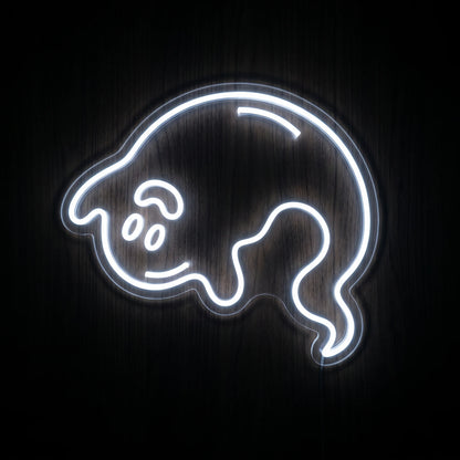 Friendly spirit LED neon sign with playful ghost-like character in cool white illumination on clear acrylic backing.