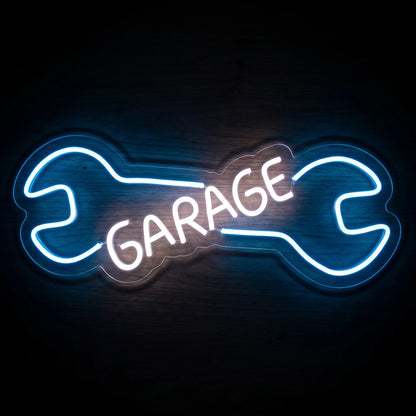 Garage Wrench LED Neon Sign featuring a blue wrench outline with white GARAGE lettering on clear acrylic backing.