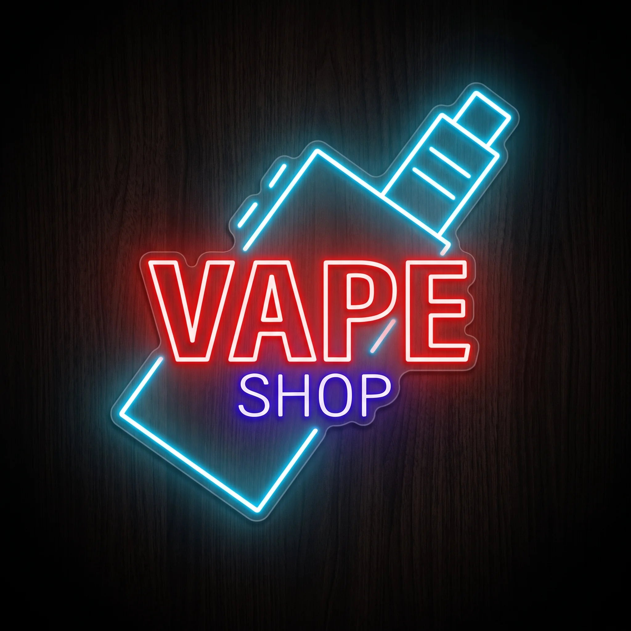 Geometric Vape Shop LED neon sign with cyan vape device artwork, red VAPE lettering, violet-blue SHOP text, and clear acrylic backing for vape shop wall décor.
