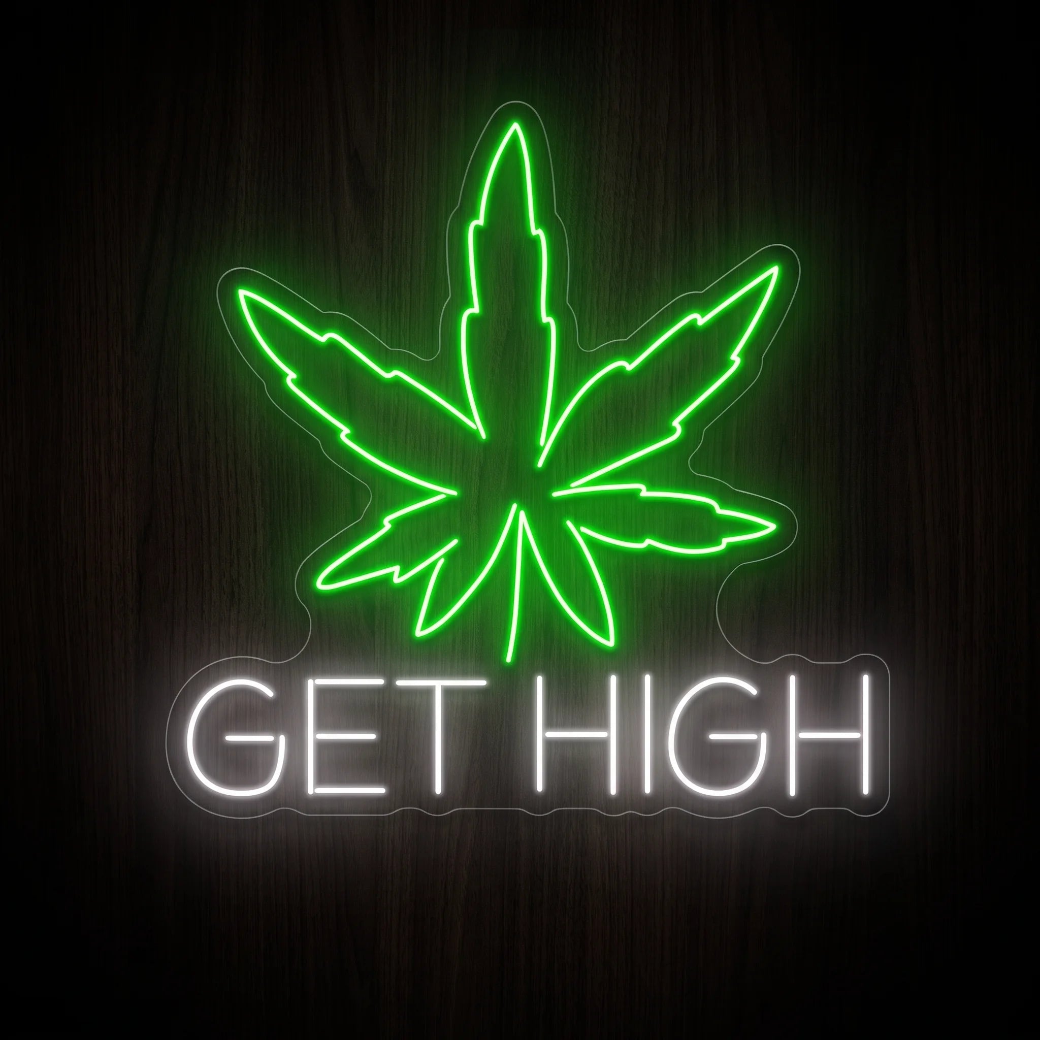 Get High LED neon sign with a green cannabis leaf, white text, and acrylic backing for recreational wall décor.