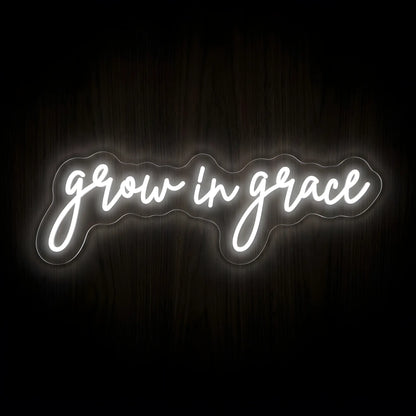 Grow in Grace LED neon sign with bright white illumination on precision-cut acrylic backing, Christian wall decor featuring an inspirational faith message.