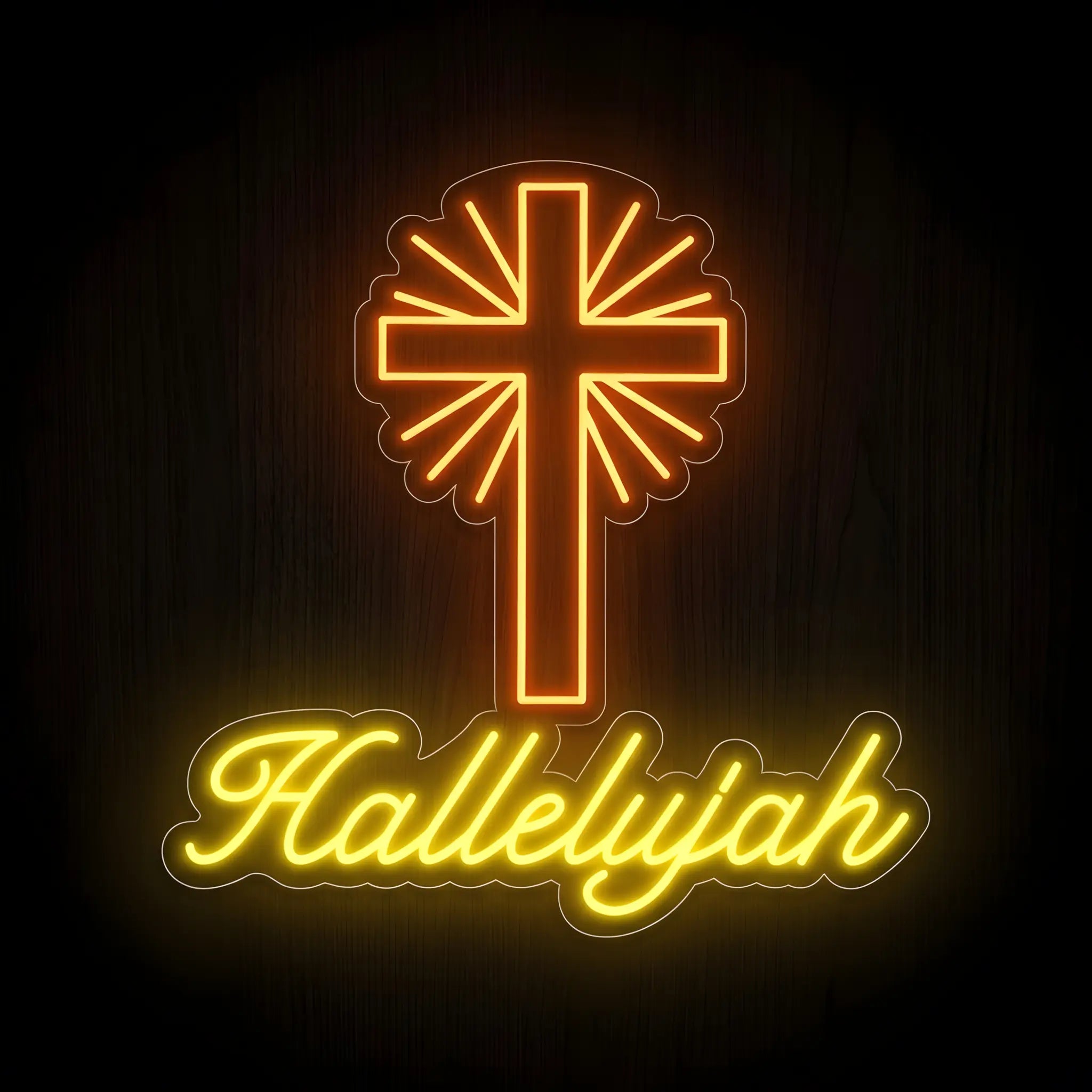 Cross and Hallelujah LED neon sign on precision-cut acrylic backing with warm amber and golden yellow illumination for Christian wall decor.
