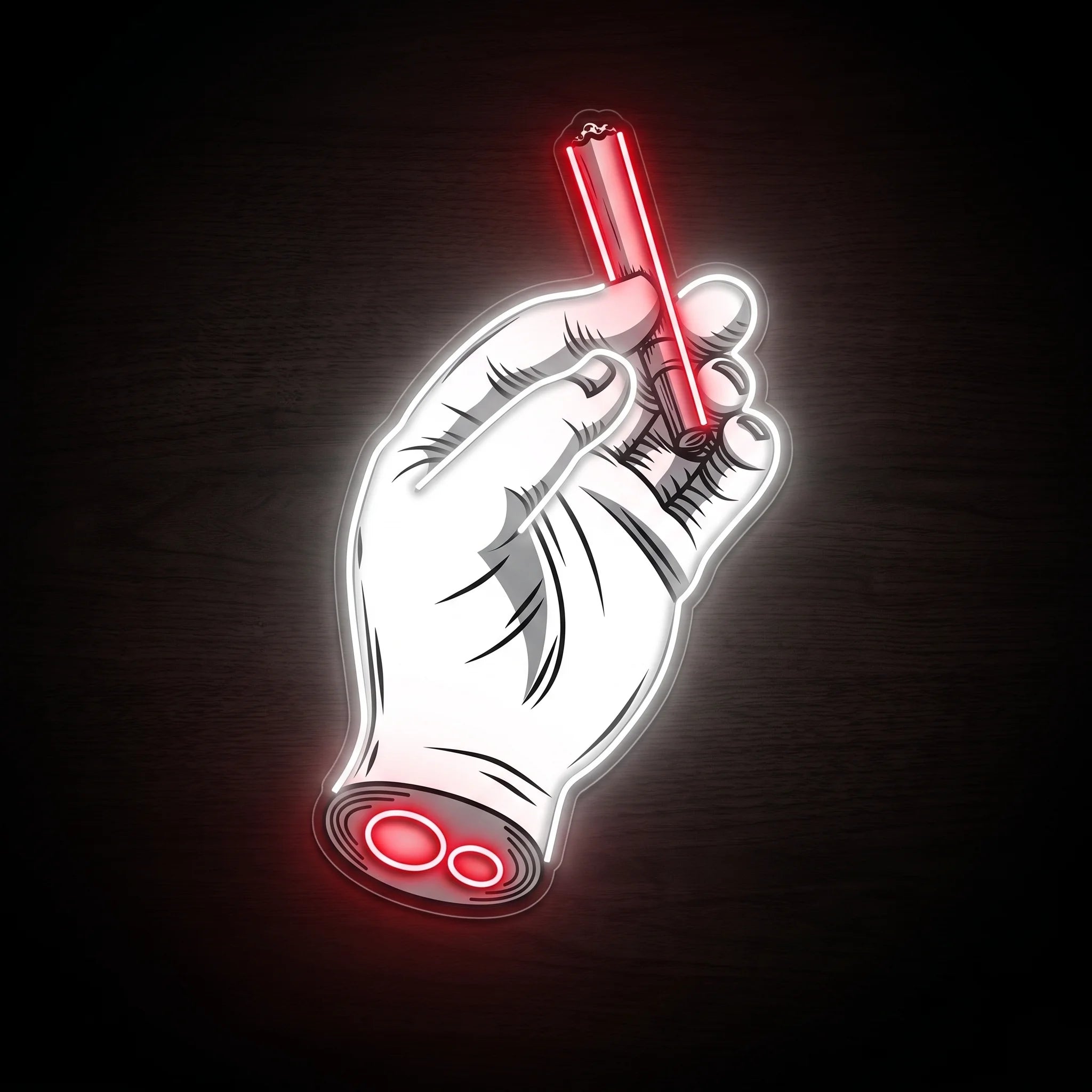 Hand Holding Pre-Roll LED neon sign featuring a detailed hand holding a lit pre-roll with bright white and red illumination mounted on a precision-cut clear acrylic backing.