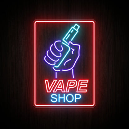Handheld Vape Shop LED neon sign featuring a hand holding a vape device above glowing Vape Shop lettering inside a rectangular neon border.