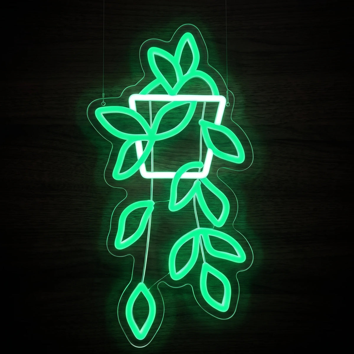 Hanging Vine LED Neon Sign featuring bright green cascading leaves and a white outlined hanging planter on clear acrylic backing.