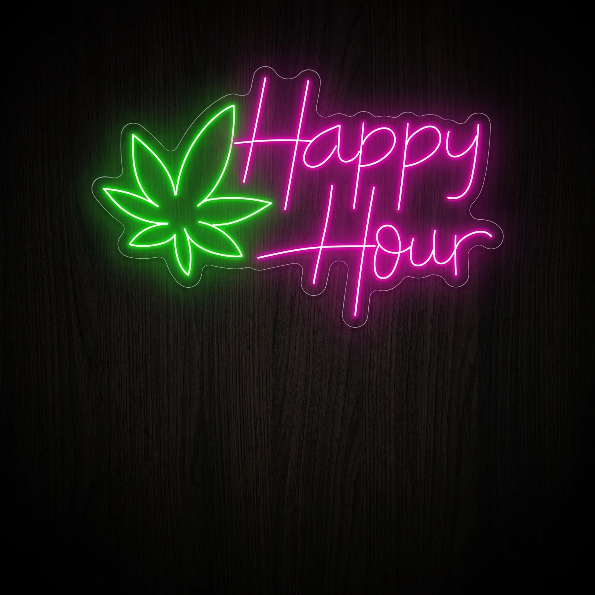 Happy Hour Cannabis LED neon sign featuring a bright green cannabis leaf with vibrant pink script lettering on a clear acrylic backing.