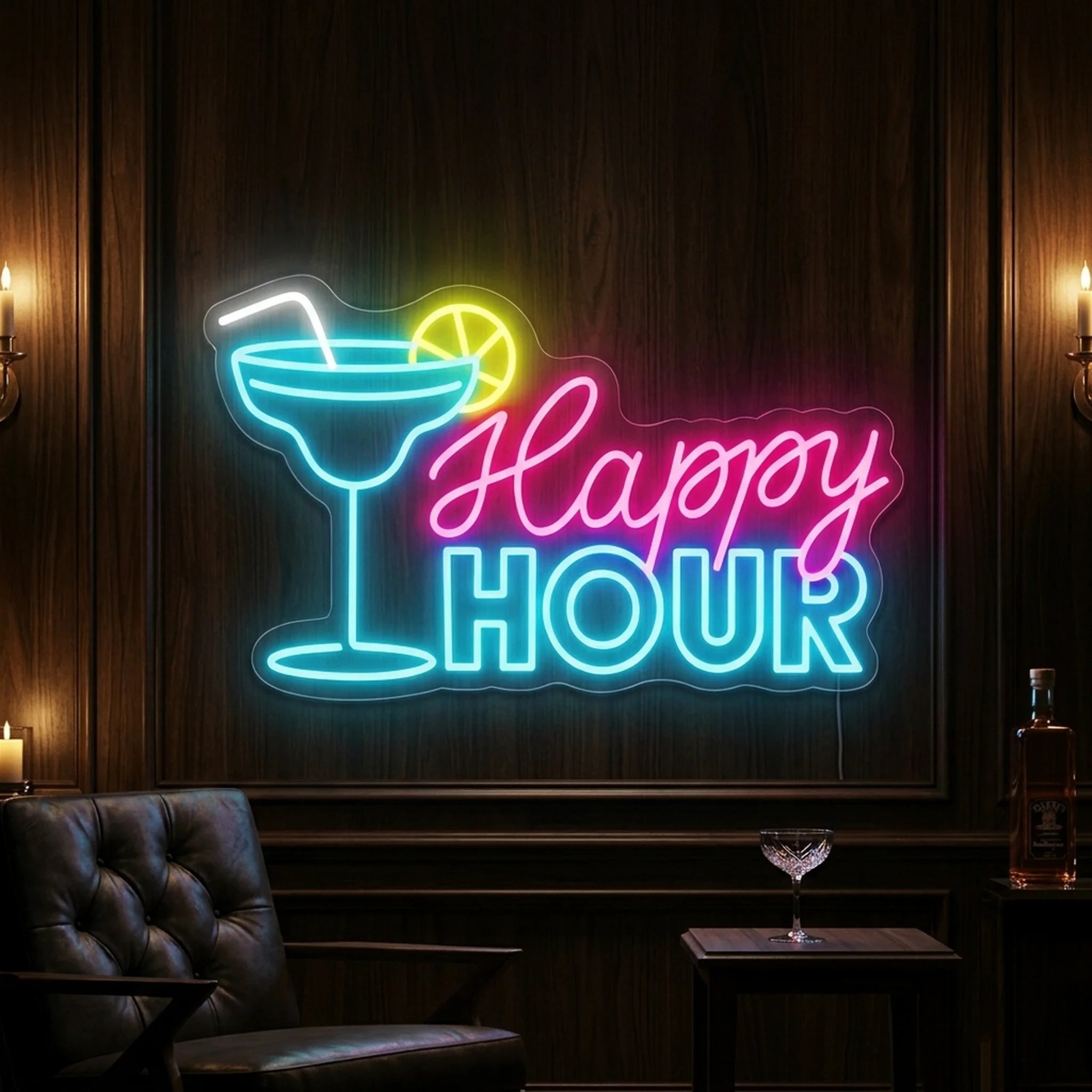 Photo of the 'Happy Hour (Cocktail Glass)' neon sign glowing in multi-color against a styled interior wall.