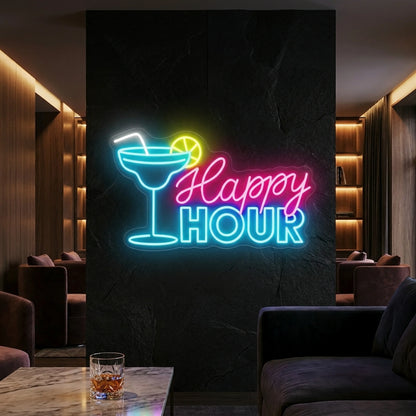 Photo of the 'Happy Hour (Cocktail Glass)' neon sign glowing in multi-color against a styled interior wall.