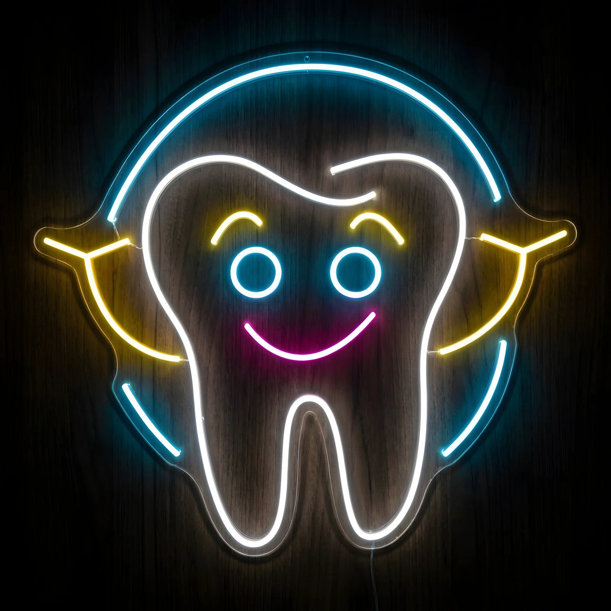 Happy Tooth Character LED neon sign featuring a smiling white tooth with blue eyes, yellow eyebrows and arms, pink smile, and blue circular accents for pediatric dental clinic wall decor.