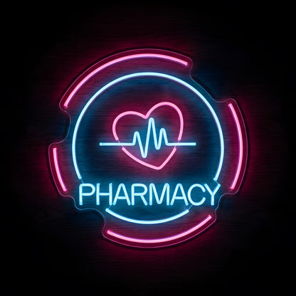 Heartbeat Pharmacy LED Neon Sign featuring blue PHARMACY lettering, a pink heart with a blue ECG heartbeat line, and a pink and blue circular border on clear acrylic against a dark wooden wall.