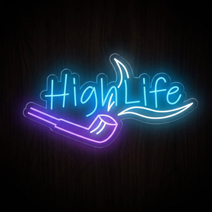 High Life Pre-Roll LED neon sign featuring blue script lettering with a glowing purple pre-roll on a clear acrylic backing.