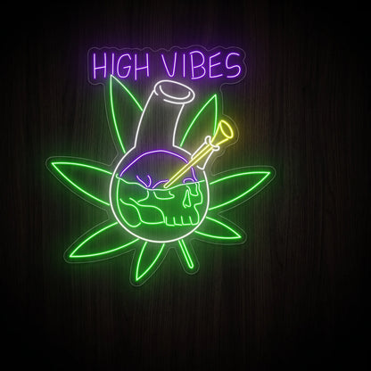 High Vibes Cocktail LED neon sign featuring a cocktail glass with skull artwork, decorative cannabis leaves, colorful neon lighting, and clear acrylic backing.