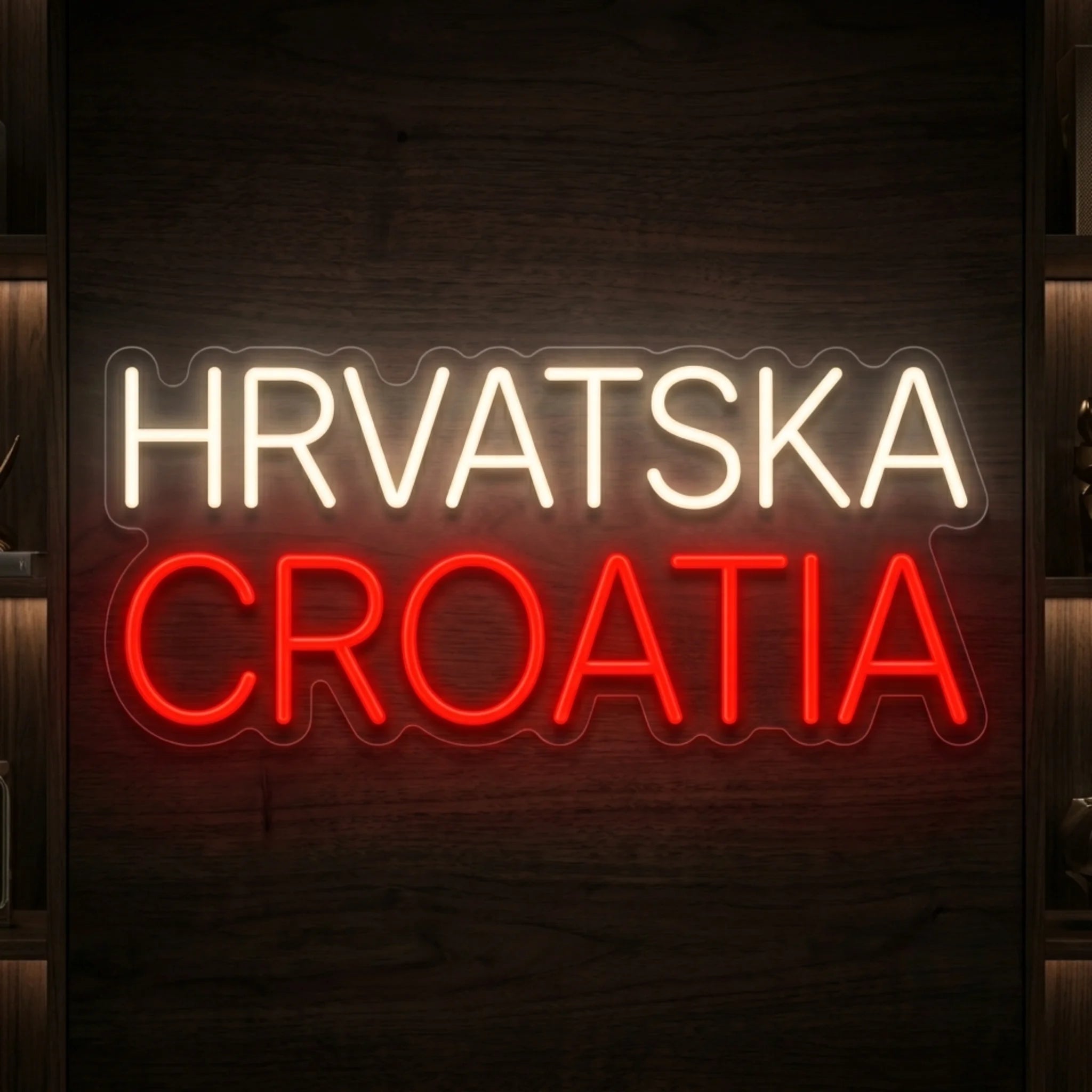 Hrvatska Croatia LED neon sign featuring stacked warm white and red illuminated lettering