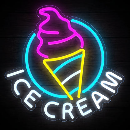Ice Cream LED neon sign with pink soft serve, yellow cone, cyan blue accents and cool white lettering on clear acrylic backing.
